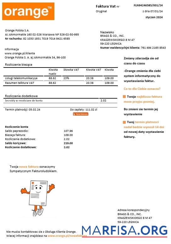 Printable Poland Orange business utility bill template in Word and PDF formats